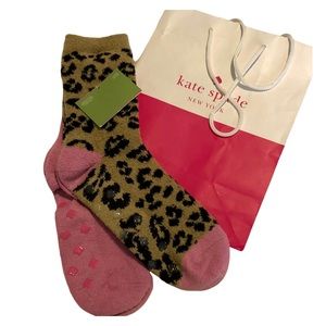 2 KATE SPADE Leopard Camel Tan Black Pink Non Slip Crew Slipper Socks NWT